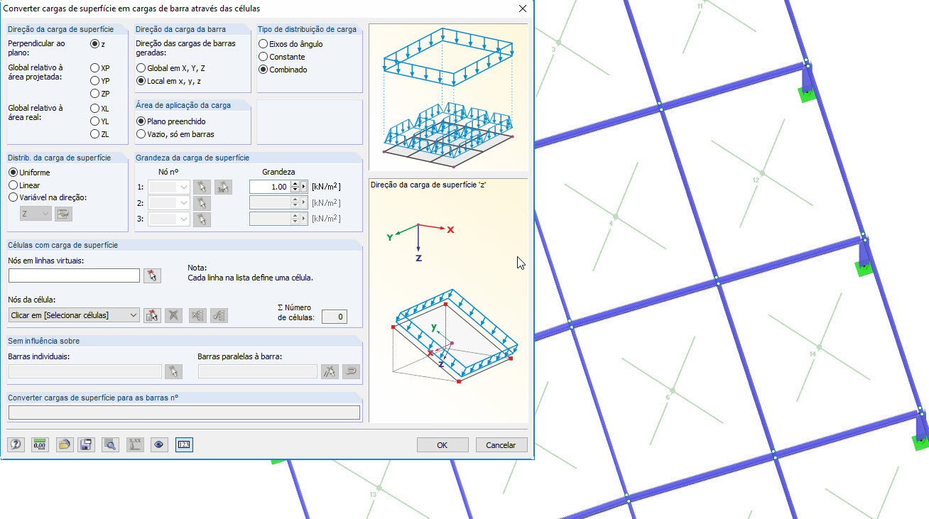 converter cargas de superfície em cargas e barra através das células