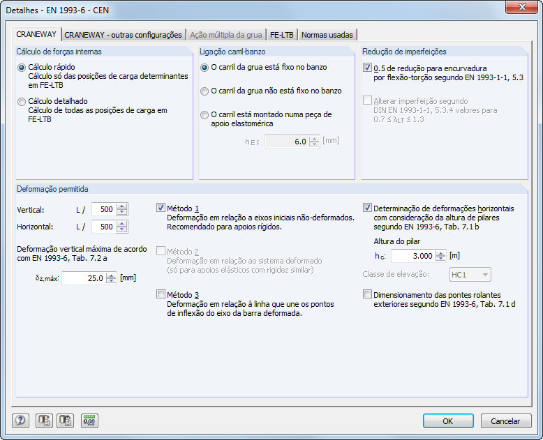Configuração de detalhes para cálculo no CRANEWAY