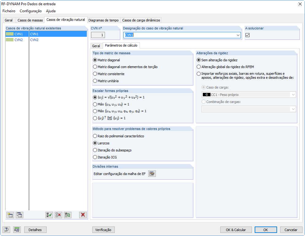 Berechnungsparameter für Eigenschwingungsfälle