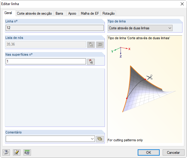 Zerlegung einer Membranfläche mit Hilfe des Linientyps "Schnitt mittels zwei Linien"