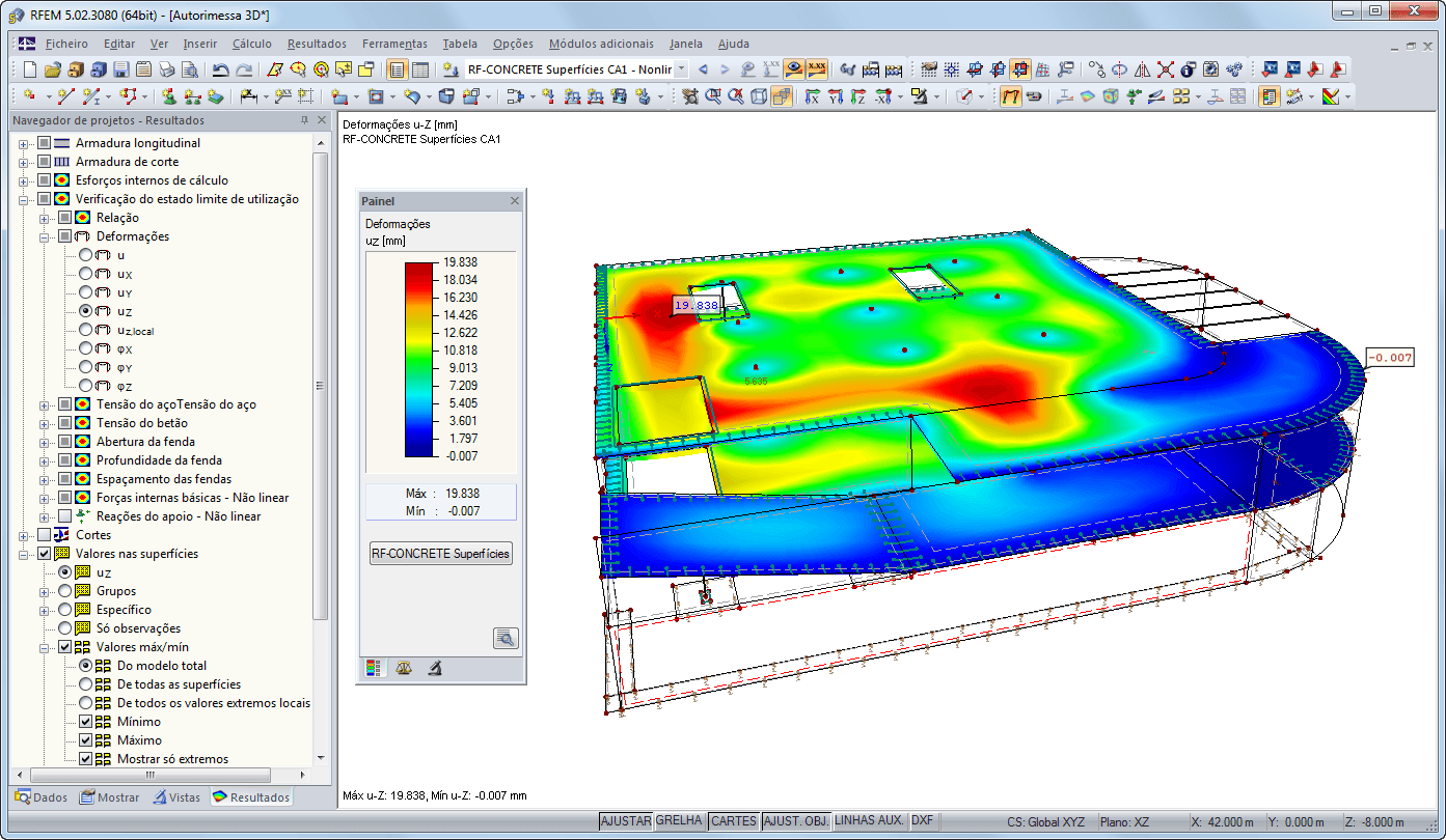 Representação gráfica de resultados no RFEM com deformação no estado II