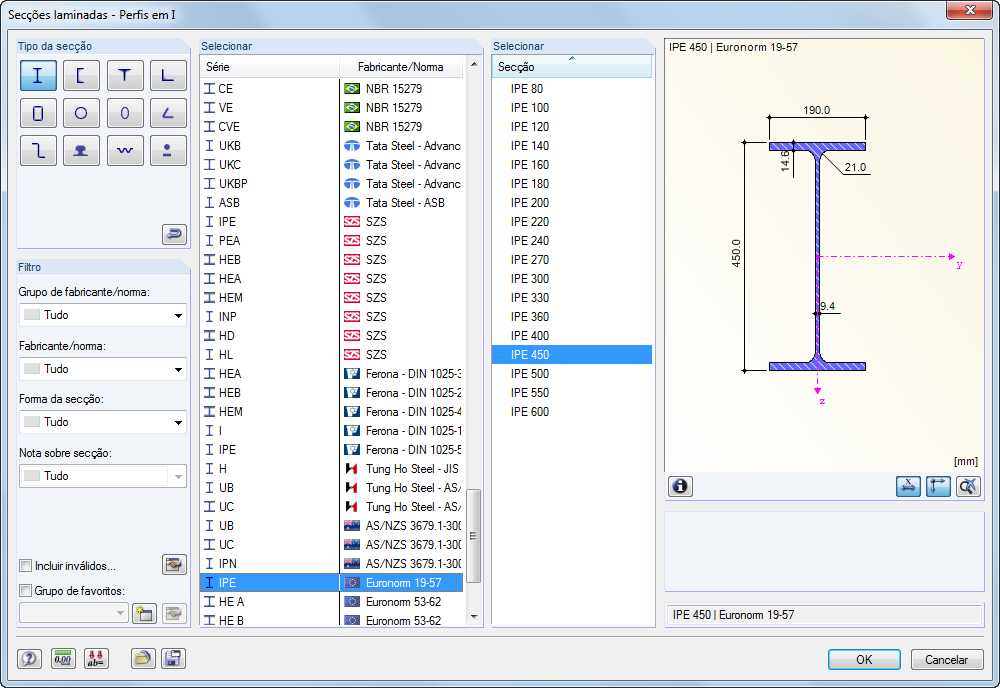 Selecionar a secção para o dimensionamento
