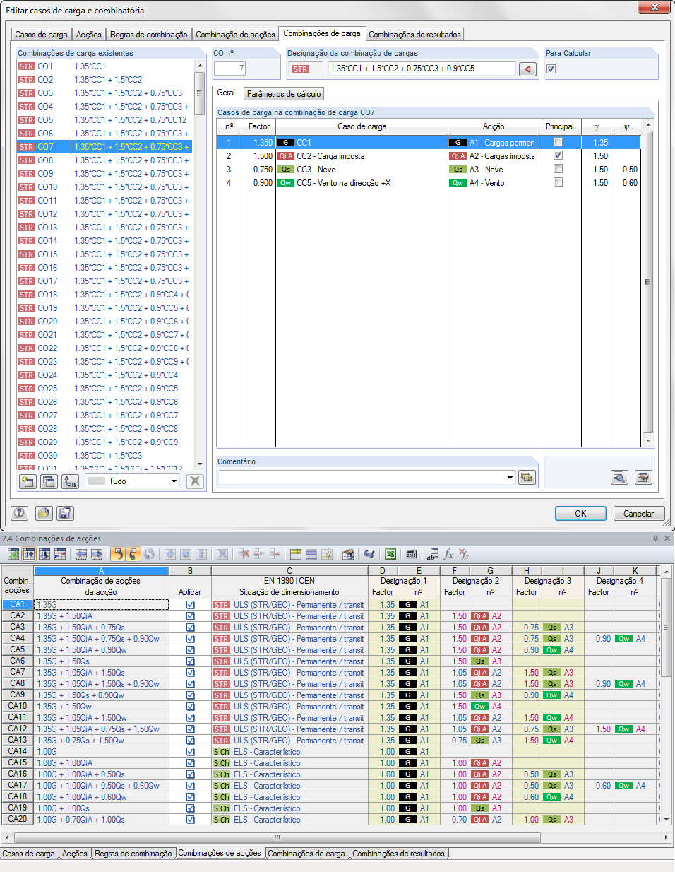 Kombinatorik-Dialog und Tabelle 2.5 Lastkombinationen