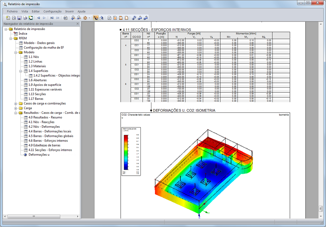 Gráficos de deformações criadas automaticamente no relatório de impressão