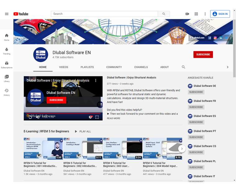 Canal da Dlubal no YouTube com seminários web técnicos detalhados sobre vários tópicos estruturais