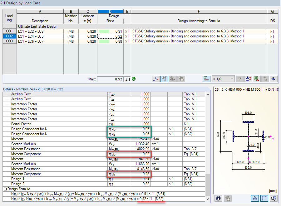 Avaliação de resultados detalhada da verificação de estabilidade para a combinação de cargas 2