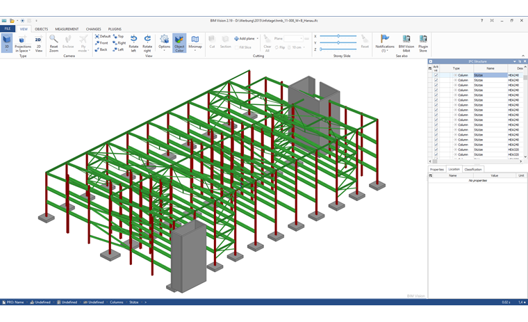 Visualisierung eines BIM-Modells in einem Viewer mit der Möglichkeit, Querschnitte, Material und Abmessungen abzufragen