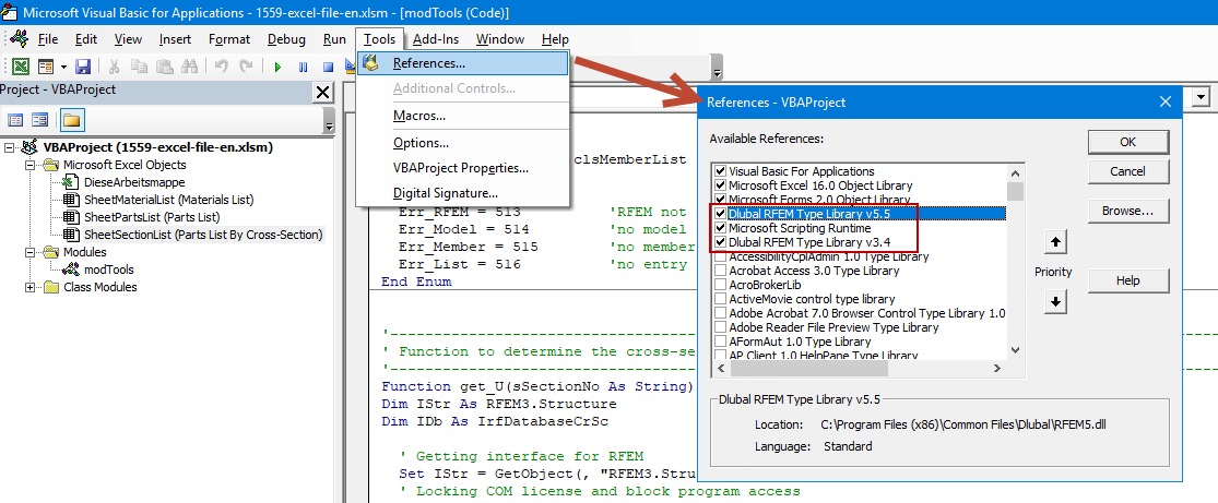 Integrar bibliotecas de tipos Dlubal RFEM e Microsoft Scripting Runtime