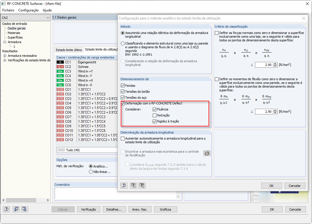 Configuração para o cálculo de deformação com o RF-CONCRETE Deflect