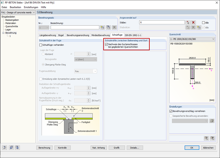 Aktivierung der Berücksichtigung von Schubkräften zwischen Steg und Gurten in RF-BETON Stäbe