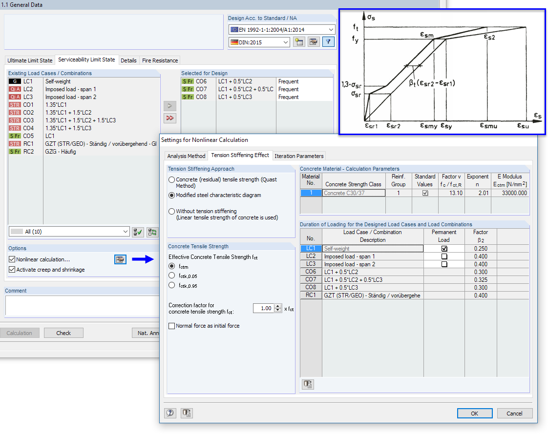 Window '1.1 General Data' for Serviceability Limit State with Settings for Nonlinear Calculation According to [2]