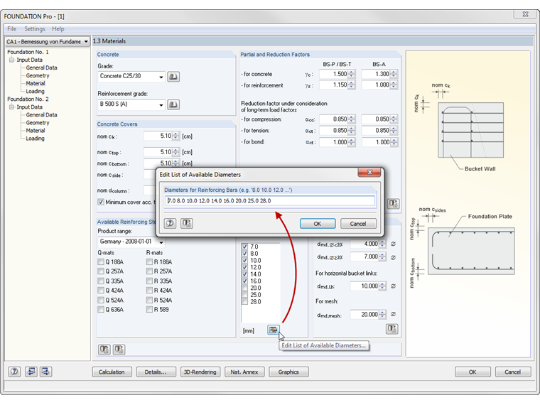 Ajustar os diâmetros de reforço disponíveis