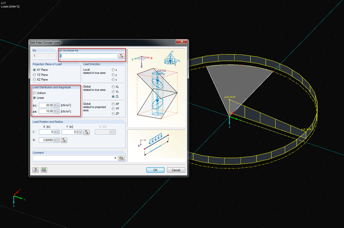 Carga radial variável em setores circulares