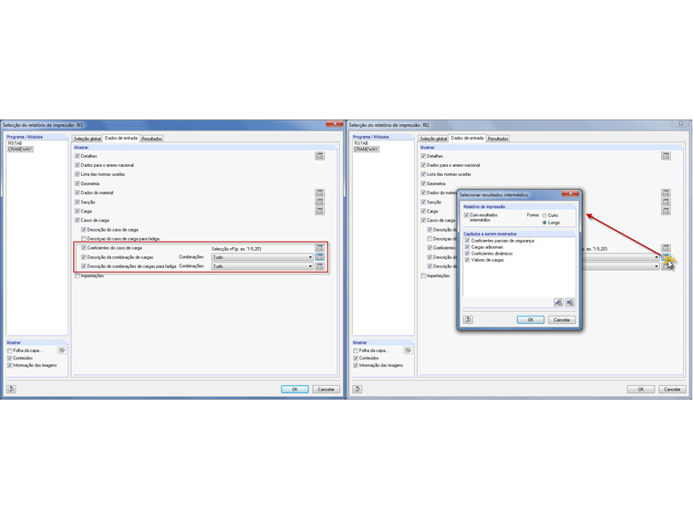 Selecionar combinações de carga no relatório de impressão