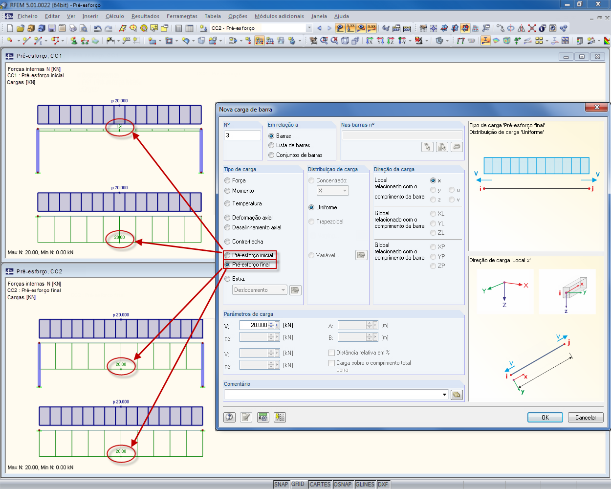 Pré -esforço inicial de carga de barra