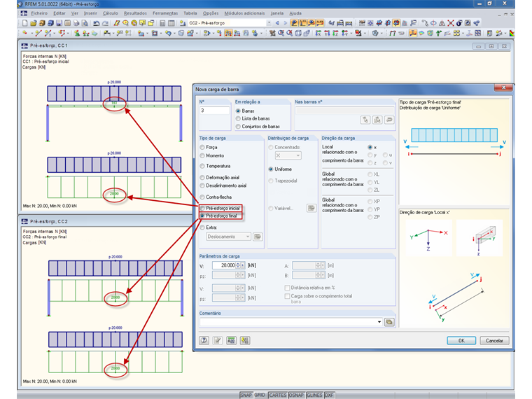 Pré -esforço inicial de carga de barra