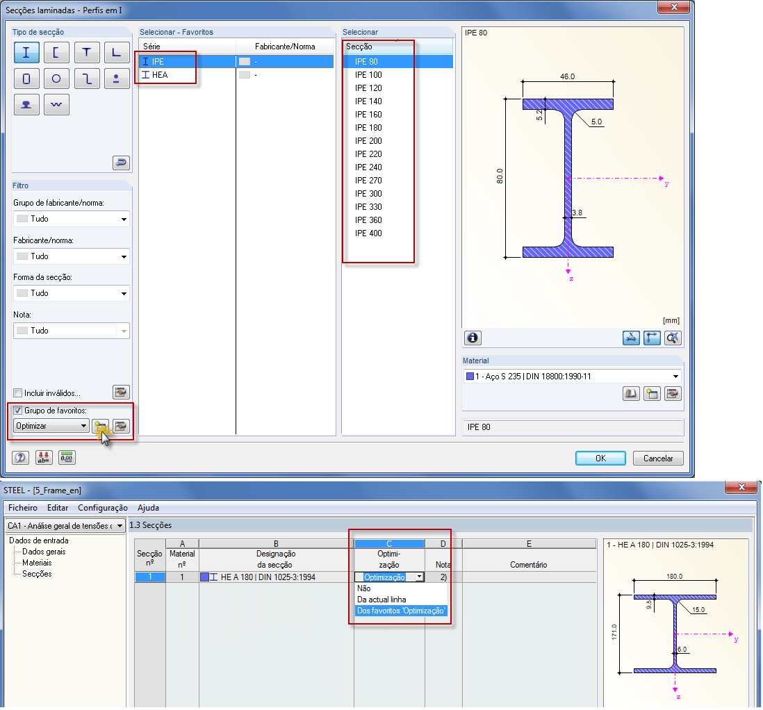 Opção de optimização de secções