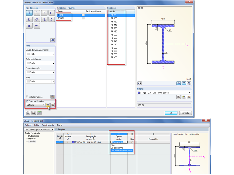 Opção de optimização de secções