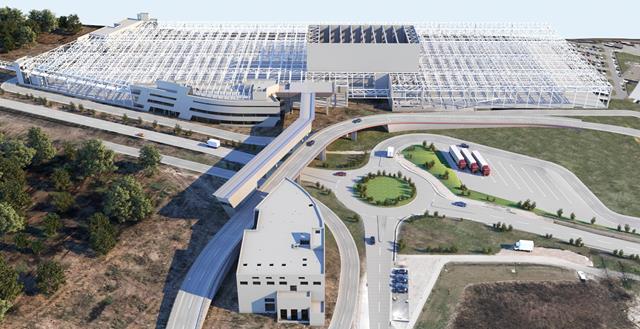 Modelo de planeamento visualizado da nova fábrica com ponte pedonal e de escritórios (meio) e novo edifício (em cima) (© Gabinete de engenharia Grassl GmbH)