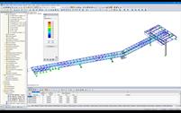 Modelo RFEM de ponte pedonal e de escritórios com resultados do cálculo no RF-STEEL EC3 (© Gabinete de engenharia Grassl GmbH)