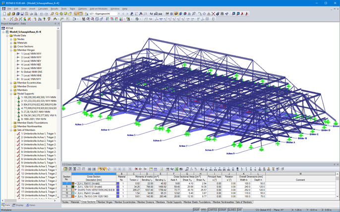 Modelo em 3D de estrutura de cobertura de palco no RSTAB (© KREBS + KIEFER)