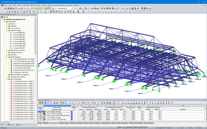 Modelo em 3D de estrutura de cobertura de palco no RSTAB (© KREBS + KIEFER)