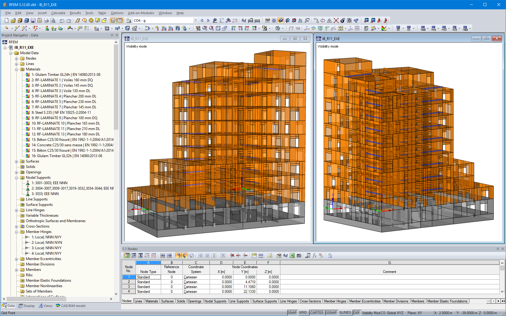 Vistas diferentes do modelo do edifício residencial no RFEM