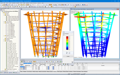 Modelo em 3D e primeira forma própria da torre de observação no RSTAB (© WIEHAG GmbH)