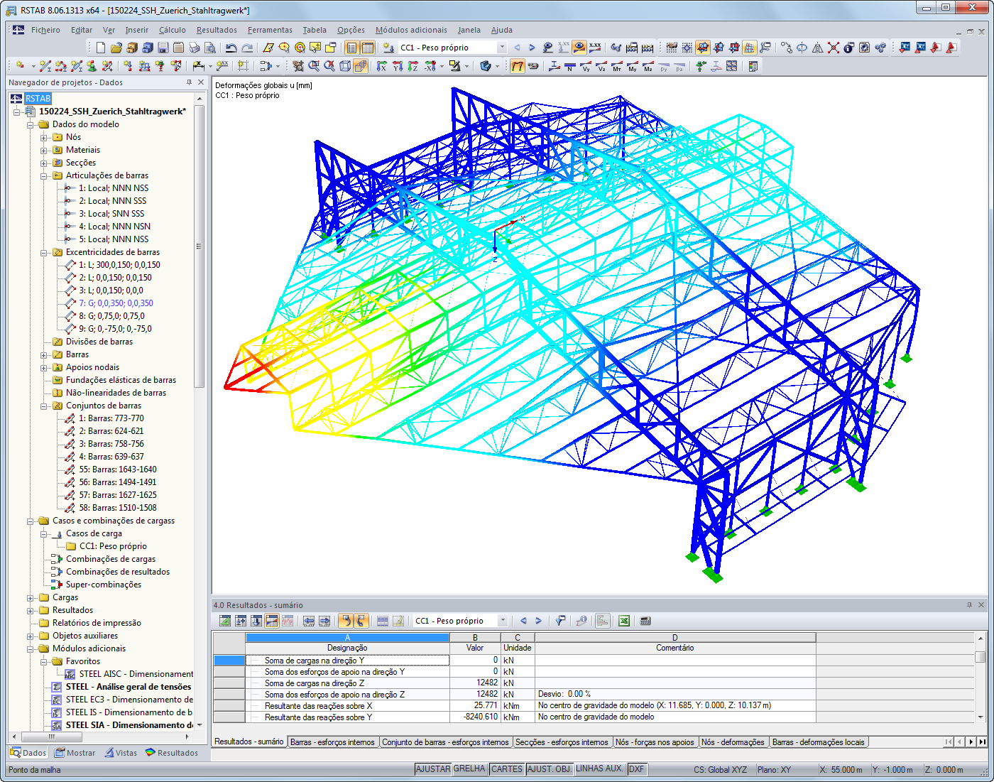 Modelo 3D do hangar de proteção de ruído com visualização de deformações (© WTM Engineers GmbH)