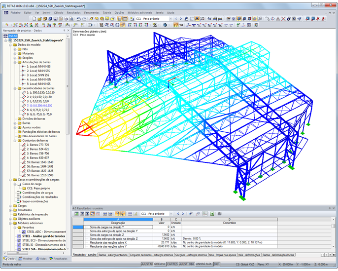 Modelo 3D do hangar de proteção de ruído com visualização de deformações (© WTM Engineers GmbH)