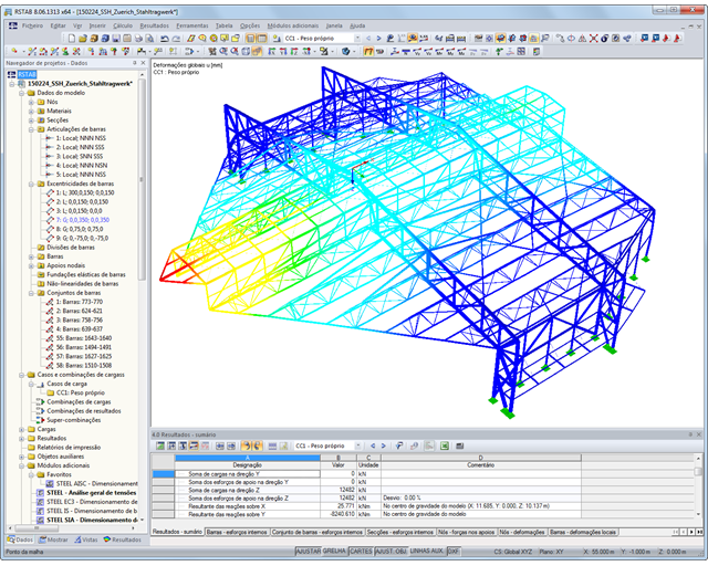 Modelo 3D do hangar de proteção de ruído com visualização de deformações (© WTM Engineers GmbH)
