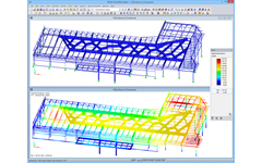 Modelo RFEM de cobertura de praça de alimentação com resultados de deformação (© Helika a.s.)