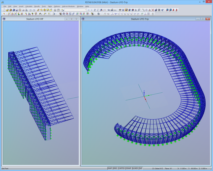 Modelo 3D de tribuna VIP (esquerda) e do estádio (direita) no RSTAB