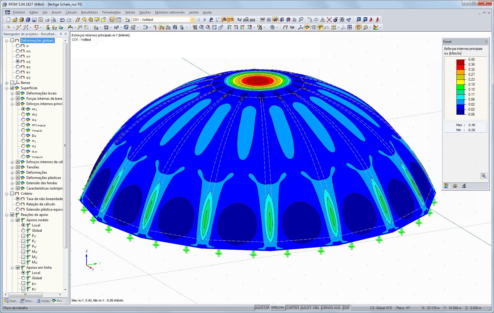 RFEM-Grafik mit Darstellung der max. Momente von 0,40 kNm/m in der Schale (Endzustand) unter Eigengewicht und 1,50 kN/m² Schnee (© TU Wien)