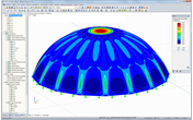 RFEM-Grafik mit Darstellung der max. Momente von 0,40 kNm/m in der Schale (Endzustand) unter Eigengewicht und 1,50 kN/m² Schnee (© TU Wien)