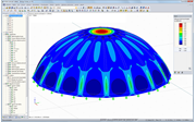 RFEM-Grafik mit Darstellung der max. Momente von 0,40 kNm/m in der Schale (Endzustand) unter Eigengewicht und 1,50 kN/m² Schnee (© TU Wien)