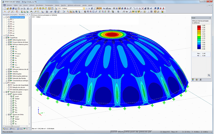 RFEM-Grafik mit Darstellung der max. Momente von 0,40 kNm/m in der Schale (Endzustand) unter Eigengewicht und 1,50 kN/m² Schnee (© TU Wien)