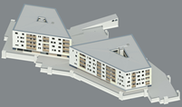 Modelo completo do complexo de apartamentos com a casa A (esquerda) e a casa B (direita) (© AGA-Bau)