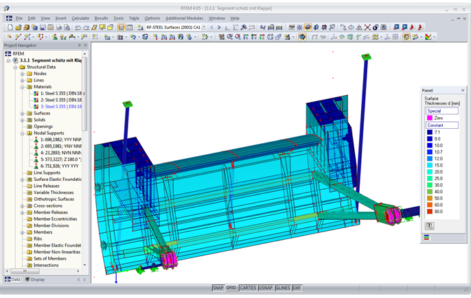 Modelo RFEM de espessuras de superfícies no módulo RF-STEEL Surfaces (© Ingenieurbüro Jürgen Ehlenz)