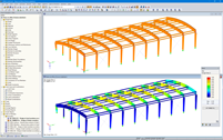 Modelo em 3D da cobertura (em cima) e resultados de dimensionamento no RF-TIMBER Pro (em baixo) no RFEM (© Rodentia SIA)
