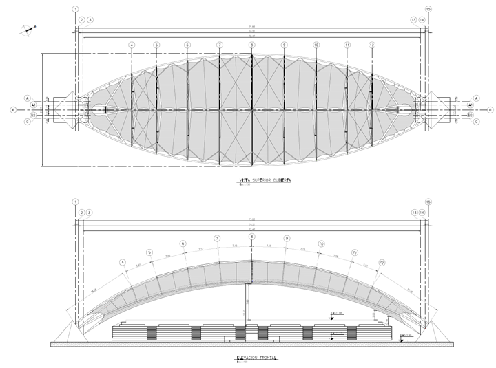 Recorte do desenho com vista de cima (superior) e corte da cobertura (inferior, © FHS Ingeniería Estructural Ltda.)
