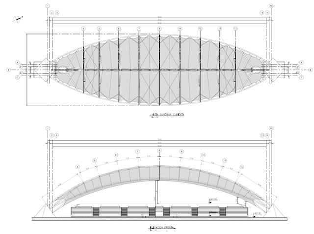 Recorte do desenho com vista de cima (superior) e corte da cobertura (inferior, © FHS Ingeniería Estructural Ltda.)