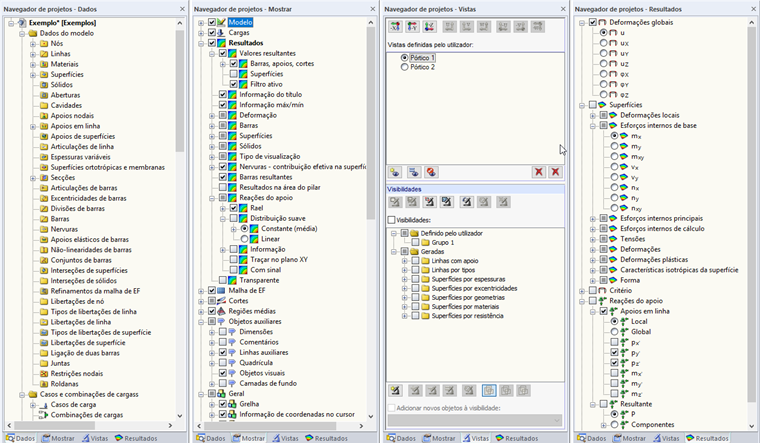 Separadores "Dados", "Mostrar", "Vistas" e "Resultados" do navegador de projetos