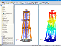 Modelo (esquerda) e deformações (direita) da torre de observação no RFEM (© Ingenieurbüro Braun GmbH & Co. KG)