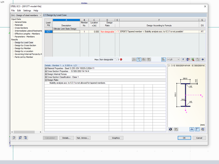 Mensagem de erro ao tentar dimensionar uma viga cónica de acordo com o método da barra equivalente