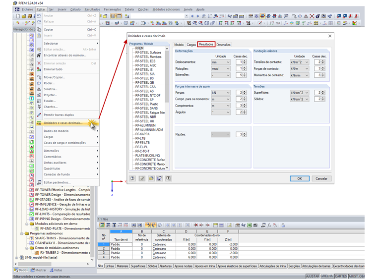 Unidades dos resultados