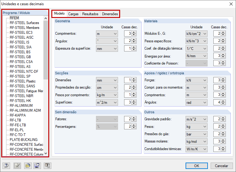 Caixa de diálogo Unidades e casas decimais
