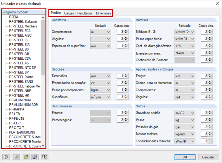 Caixa de diálogo Unidades e casas decimais