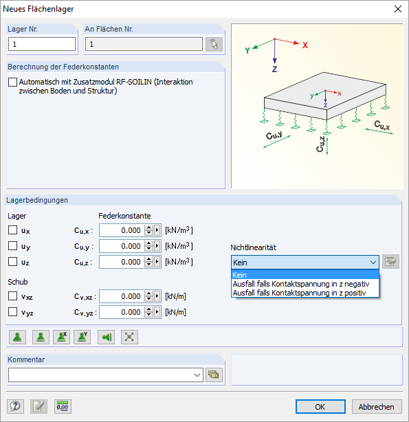 Entrada de parâmetro para apoio elástico de superfície no RFEM com coeficientes de apoio Cu,x, Cu,y e Cu,z