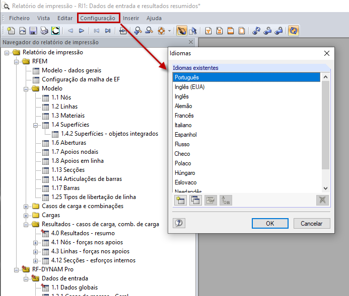 Selecionar idioma do relatório de impressão